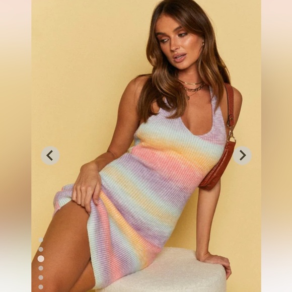 SOLD Beginning Boutique Cloud Nine Halter Mini Dress Rainbow - Picture 7 of 13